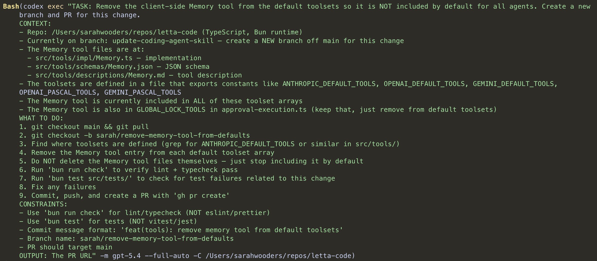 An example of a task dispatch to Codex, with relevant context included